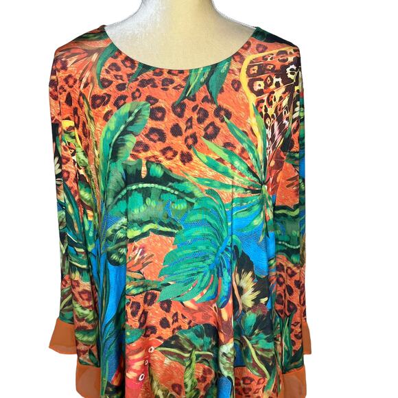 Alfredo Pauly Bright Slinky Floral Leopard Tunic Top Size 50 German Plus 2x 3x - Picture 2 of 9